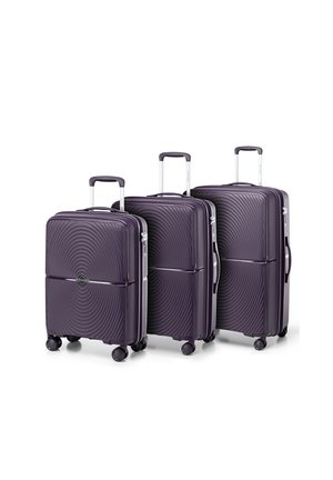 Three purple hard-shell suitcases with a wave pattern, featuring silver telescopic handles and four black wheels for easy mobility.