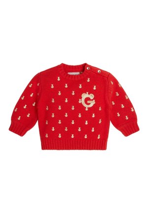 Czerwony sweterek dla niemowląt z drobnymi złotymi wzorami misiów oraz dużą złotą literą "G" z uszami misia na piersi, zapinany na guziki na ramieniu.