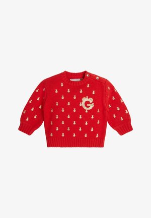 Suéter rojo de punto para bebé con pequeños patrones de osos dorados y una gran letra "G" dorada con orejas de oso en el pecho, con botones en el hombro.