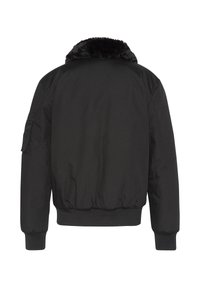 Sort bomberjakke med blød pelsforet krave, ribstrikkede manchetter og linning samt en sidelomme på venstre ærme. Glat stofoverflade.