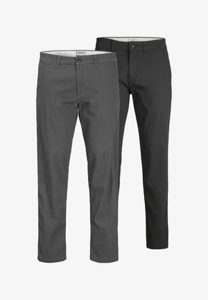 Zwei Paare schmal geschnittene Hosen aus dunkelgrauer und schwarzer Baumwolle, mit einem Frontknopfverschluss und Gürtelschlaufen, im geraden Bein-Design.