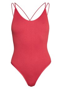 Röd ribbad baddräkt i ett stycke med tunna justerbara axelband och högskuren benöppning. Materialet verkar slätt med en tätt sittande passform.