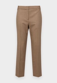 Pantaloni a quadri marroni con vestibilità slim, fronte piatto e vita standard. Il tessuto ha una texture liscia con un motivo sottile.