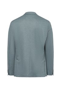 Lichtblauw op maat gemaakt blazer met een gestructureerde afwerking, enkele rugsplit en knopen met twee knoppen. Glad stof, gestructureerd silhouet.