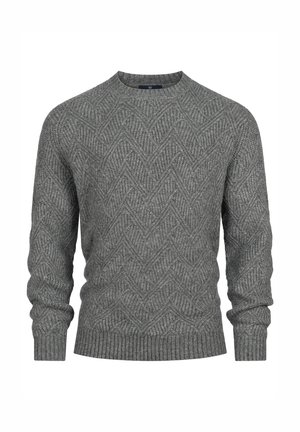 Gray sweater featuring a textured herringbone pattern, round neckline, and ribbed cuffs and hem. Made of a soft, warm material.