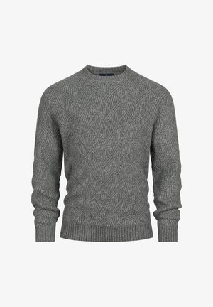Grå sweater med et struktureret hørmønster, rund halsudskæring samt ribbede manchetter og kant. Lavet af et blødt, varmt materiale.