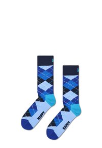 Chaussettes en coton avec une base marine et un motif argyle bleu. Les détails incluent un orteil bleu clair et une impression "HAPPY" en noir.
