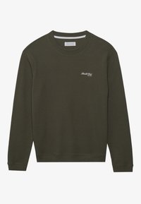 Sudadera de color verde oscuro, con canalé, de cuello redondo, mangas largas y un pequeño logotipo bordado en blanco en el pecho.