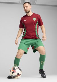 Echipament de fotbal maroniu și verde cu guler rotund, asortat cu pantaloni scurți verzi, șosete până la genunchi și ghete negre. O minge cu un model se află în față.