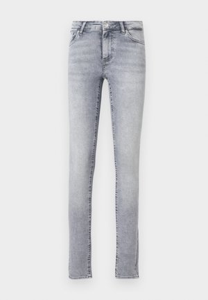 Hellgraue Jeans aus Denim, mit einer schlanken Passform, fünf Taschen und einem Knopfverschluss. Klassischer gerader Schnitt.