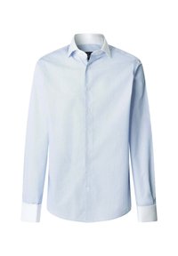Camicia da uomo azzurro chiaro con colletto e polsini bianchi, frontale con bottoni e maniche lunghe su sfondo bianco.
