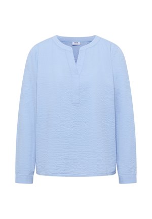 Blusa a maniche lunghe azzurro chiaro con tessuto strutturato e scollo rotondo con una piccola tacca a V sul davanti.