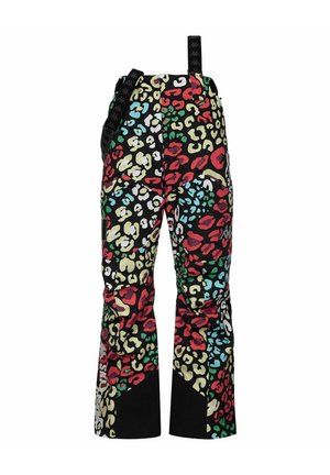 Pantaloni da neve colorati con stampa leopardata, bretelle nere regolabili e tessuto nero rinforzato alle caviglie.