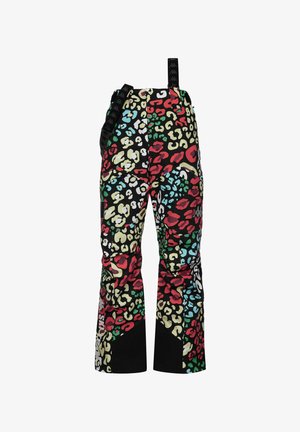 Pantalon de neige coloré à imprimé léopard avec bretelles noires réglables et tissu noir renforcé aux chevilles.