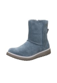 Blaue Wildleder-Stiefelette mit einer abgerundeten Spitze, niedrigem Absatz und einer strukturierten Gummisohle. Verfügt über Nähte und eine Zuglasche an der Rückseite.