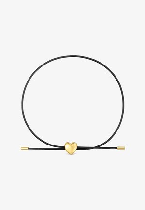 Gargantilla de cordón ajustable negra con un colgante central en forma de corazón liso dorado y terminales en tono dorado.