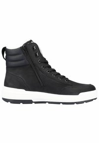 Bottine noire en cuir avec une finition texturée et semelle en caoutchouc blanc. Elle dispose de lacets à l'avant, d'une fermeture éclair sur le côté et d'un col rembourré.
