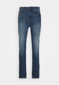 Modré džíny z denimu s běžným střihem, s vybledlým vzhledem, pěti kapsami a klasickým zapínáním na knoflík a zip.