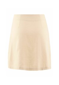 Beige linne kjol med rak skärning, som har en slät textur och subtil sömnad vid midjan och fållen. Inga synliga mönster eller detaljer.