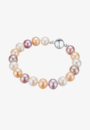 Perlo apyrankė, atskleidžianti apvalias, blizgančias perlus rožinės, persikinės ir grietinėlės spalvų atspalviuose, užbaigta sidabrine užsegimo sagtimi, užtikrinančia saugų uždarymą.