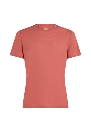 Korte mouw t-shirt in koraalkleur, gemaakt van zachte stof, met een klassieke ronde halslijn en een effen, gladde textuur zonder versieringen.