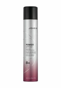 Silver aerosolburk med svart lock. Har en gradiant från silver till lila, märkt med "Power Spray" tillsammans med användarinstruktioner och volymdetaljer.