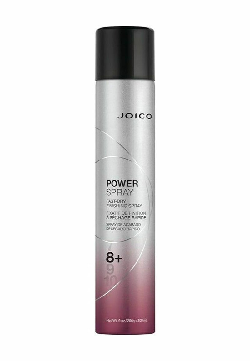 Silver aerosolburk med svart lock. Har en gradiant från silver till lila, märkt med "Power Spray" tillsammans med användarinstruktioner och volymdetaljer.