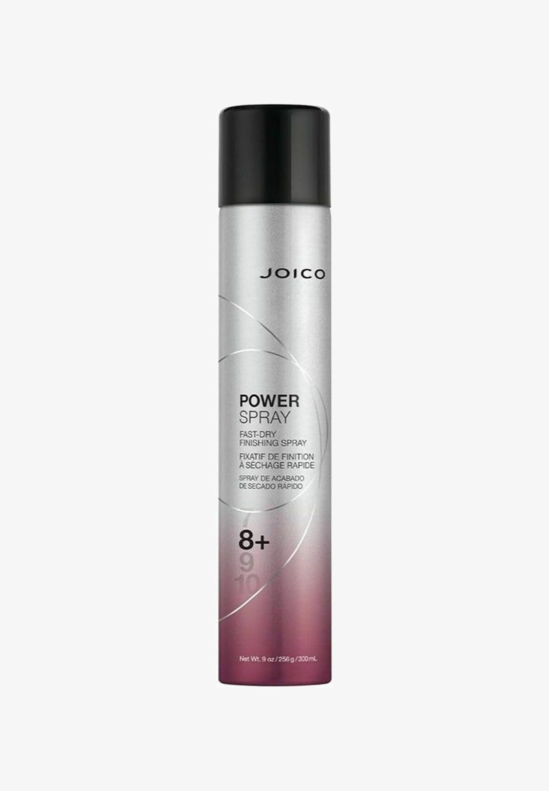 Silver aerosolburk med svart lock. Har en gradiant från silver till lila, märkt med "Power Spray" tillsammans med användarinstruktioner och volymdetaljer.