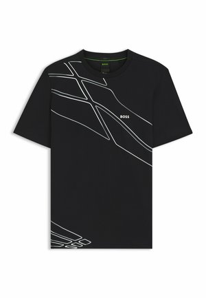 Black T-shirt made of smooth fabric, featuring white abstract line designs and a small "BOSS" logo on the chest. Classic crew neck.