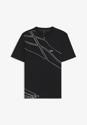 Mustavaat T-särk, mis on valmistatud siledast kangast, millel on valged abstraktsed joonised ja väike "BOSS" logo rinnal. Klassikaline ümmargune kaelus.