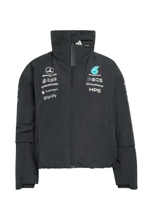 Veste noire de l'équipe Mercedes-AMG Petronas de Formule 1 avec logos des sponsors, col montant, fermeture éclair avant et manches longues.
