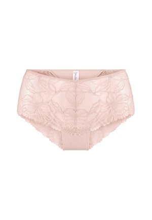 Culotte en dentelle rose avec motif floral, présentant une texture lisse et une large ceinture, conçue avec des bords doux pour le confort.