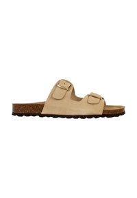 Beige ruskind slidesandaler med to justerbare spænder, en korkmellemsål og en struktureret sorte gummisål.