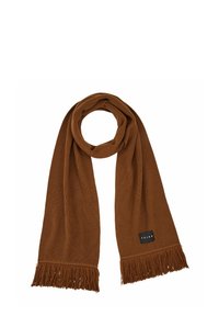 Écharpe en tricot marron avec des bords frangés et une petite étiquette noire affichant le nom de la marque "FALK". Texture douce et forme allongée.