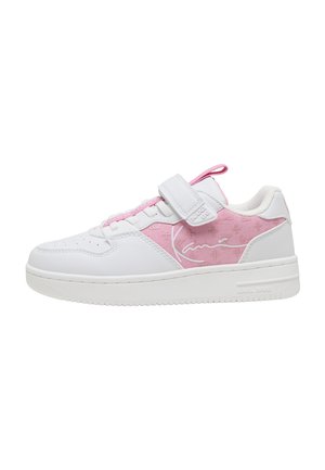Low-top white sneaker with pink fabric side panel, white Velcro strap, and signature detail on the outer side.