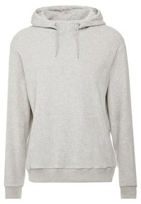 Sudadera con capucha gris de tejido suave, con un bolsillo tipo canguro, dobladillo y puños acanalados, y cordones para ajustar la capucha.