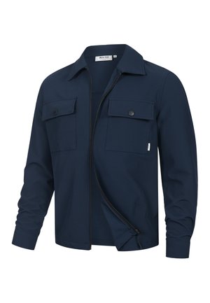 Laivastonsininen pitkähiha jacket kauluksella, etuosassa osittain avattu vetoketju ja kaksi rintataskua, joissa mustat painonapit.