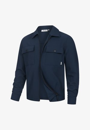 Veste bleu marine à manches longues avec col, fermeture éclair avant partiellement ouverte, et deux poches poitrine à rabat avec boutons-pression noirs.