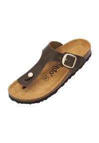 Braune Leder-Sandale mit Korkfußbett, verstellbarem Riemen mit metalen Schnalle und strukturiertem Gummisohle. Verfügt über ein Zehentrenner-Design.