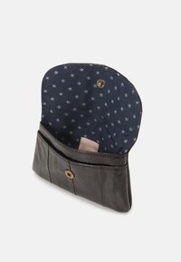 Black leather wallet with a smooth texture, featuring a navy interior with white star pattern and a snap closure.