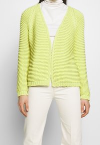 Dzianinowy kardigan w jasnym limonkowym kolorze, o luźnym kroju, z otwartym przodem, ściągaczami na mankietach i teksturowanym przeszyciem. Noszony na białym golfie.