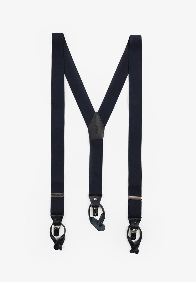 Marineblaue elastische Hosenträger mit einem zentralen schwarzen Lederpatch und silbernen Beschlägen. Sie sind in einer 'M'-Form gestaltet und haben Clip-Befestigungen.