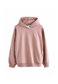 Felpa rosa chiaro con tasca frontale, polsini e orlo a costine. Presenta un cappuccio con coulisse e un piccolo logo ricamato "self." sul petto.