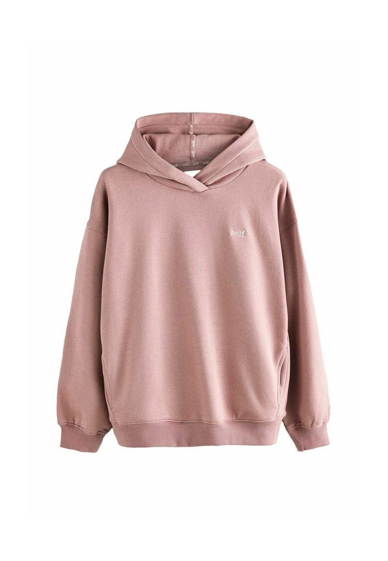 Felpa rosa chiaro con tasca frontale, polsini e orlo a costine. Presenta un cappuccio con coulisse e un piccolo logo ricamato "self." sul petto.