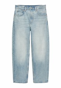 Jean en denim bleu clair taille haute à jambes droites, avec poches avant, passants de ceinture et fermeture par bouton métallique.