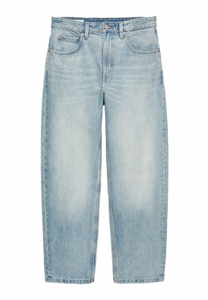 Lyseblå højtaljede jeans med lige ben, forlommer, bæltestropper og lukning med metalknap.