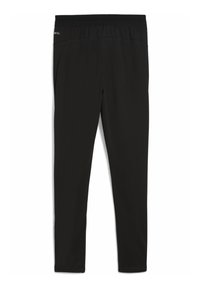 Pantalones deportivos negros con cintura elástica y bolsillos laterales, colgados verticalmente sobre un fondo blanco liso.