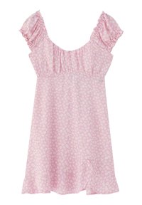 Rosa Blumenkleid mit kurzen Rüscheärmeln, gerafftem Oberteil und knielangem Saum. Verfügt über einen kleinen Schlitz auf einer Seite für zusätzliche Details.