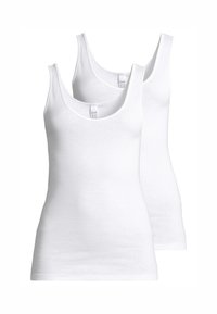Deux débardeurs en coton blanc avec de larges bretelles et des encolures en forme de goutte. Texture douce, design simple, sans motifs ni détails de quincaillerie visibles.