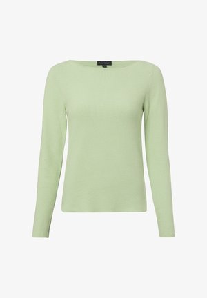 Pull tricoté à manches longues vert clair avec un col rond et un ourlet droit, présenté sur un fond blanc uni.